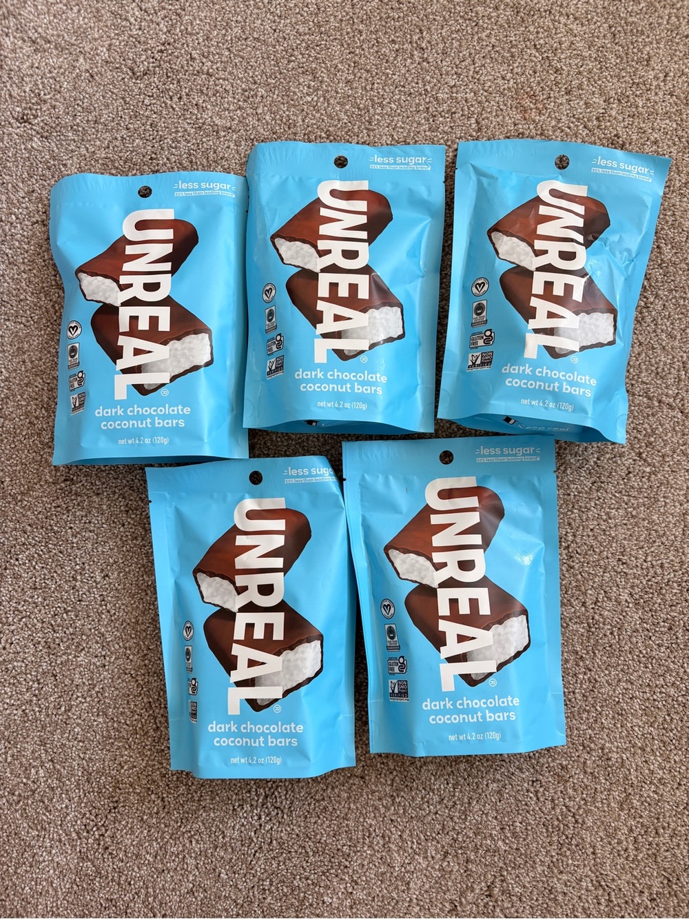 New bundle of five unreal Dark Chocolate Coconut Bars less sugar